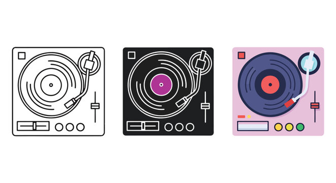 Vintage turntable record player icon set - Solid vector icons  - Clipart, sticker - icon set