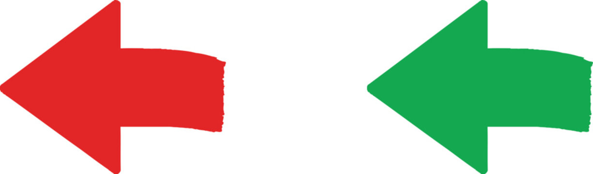 Red and green arrows pointing left with a rough hand drawn paint brush texture style Vector
