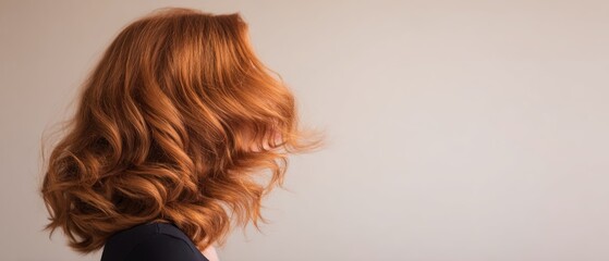 Fototapeta premium Young Woman With Voluminous Ginger Wavy Hair Moving Her Head Against Plain Wall for Natural Beauty Portrait Concept and Dynamic Hair Motion Lifestyle Fashion Composition