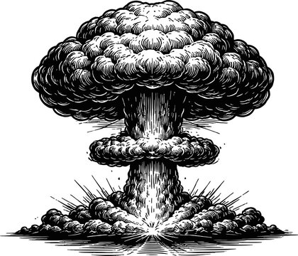 A stark black and white illustration depicts a powerful mushroom cloud forming after a nuclear explosion. The image captures the intense energy and destructive force of atomic warfare.