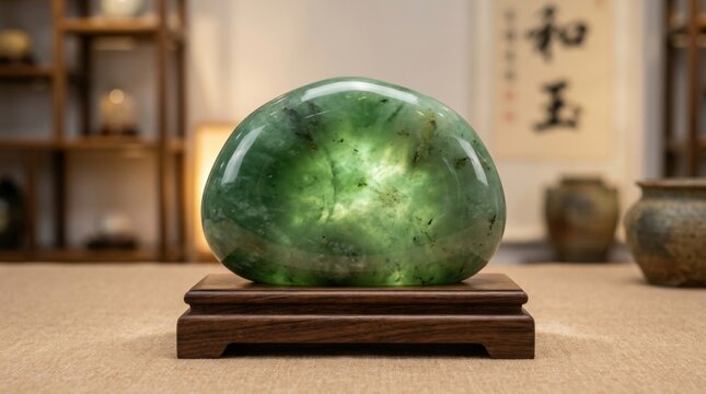 Large polished translucent green jade stone boulder displayed on a dark wooden stand in a room with traditional Chinese decor, ceramic pottery and calligraphy on the wall.