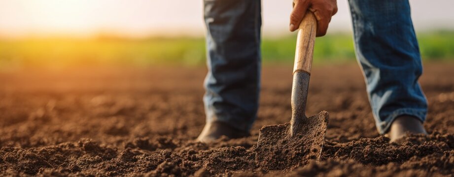 Person Digging Soil With Shovel in Farmland Field During Golden Hour Sunset for Agricultural Work Concept and Rural Farming Lifestyle with Warm Natural Light and Harvest Preparation Scene