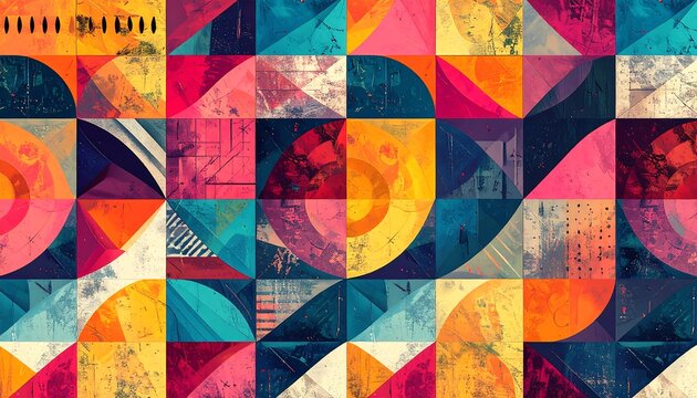 A vibrant geometric composition featuring a grid of colorful, textured squares and semi-circles, creating a visually stimulating artwork
