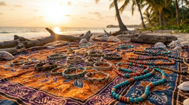 Handcrafted woven bracelets and beaded jewelry displayed on a colorful patterned textile on a sandy beach at sunset with palm trees and ocean waves in the background.