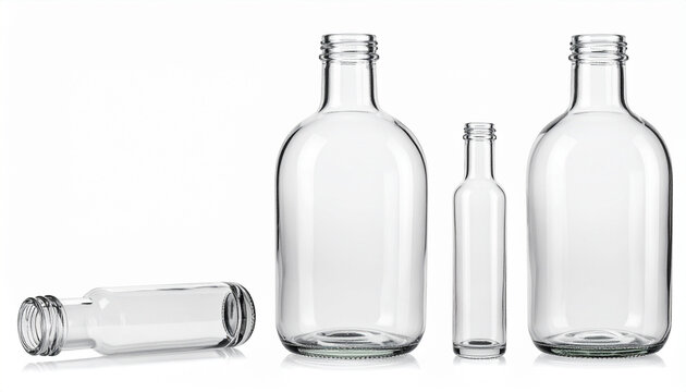 Clear glass bottles collection isolated