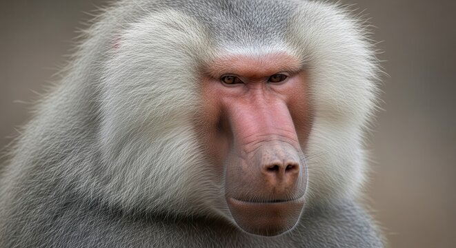 Close-up Portrait of a Male Hamadryas Baboon with Majestic Silver Mane and Pink Face in the Wild