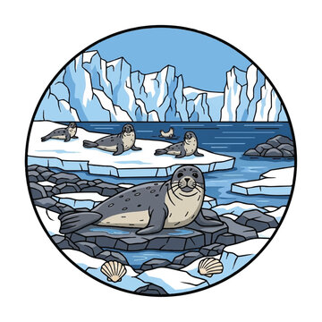 Seal lying on ice rocks smiling.