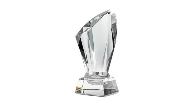 Crystal Award Trophy: A modern crystal award trophy with sharp, angular facets and a solid base, representing excellence and achievement.
