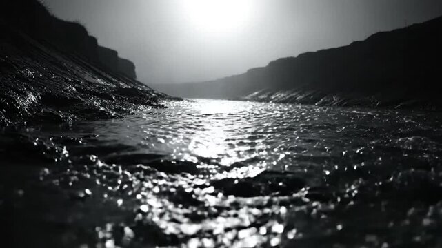 Low angle black and white shot of a flowing river reflecting the bright sun in a narrow canyon
