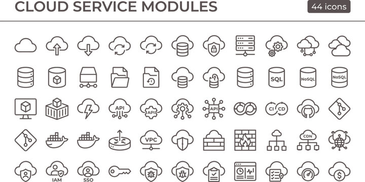 Cloud service modules icons in clean outline style for platform architecture dashboard interface and scalable application systems
