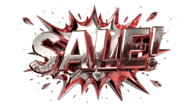 Dynamic SALE! Burst: A high-impact, metallic 3D graphic of the word SALE! erupts with vibrant energy and sharp edges, signifying a sensational offer.