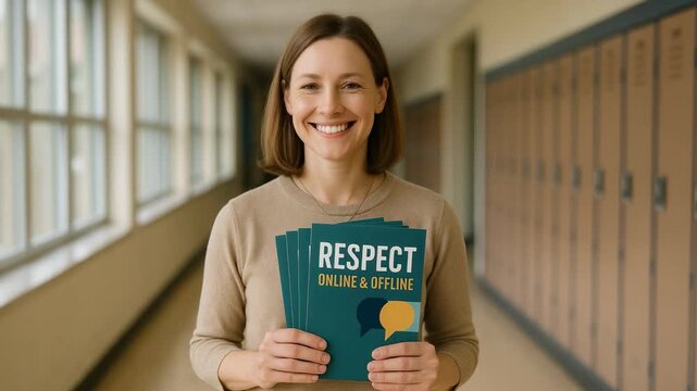 Woman in a school hallway holding flyers reading Respect online & offline promoting kindness and anti-bullying awareness