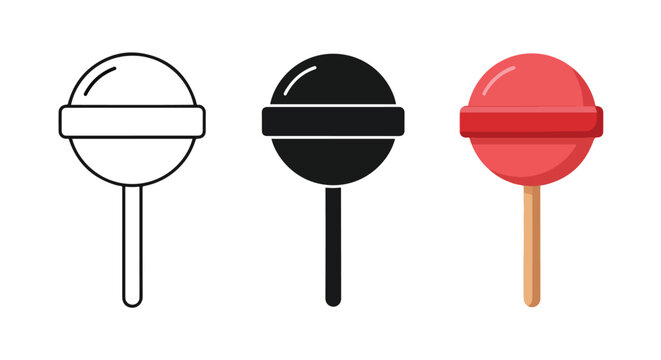 Red lollipop candy on wooden stick - logo icons vector set. Blue, Black and white icons