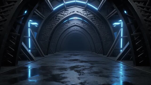 A mysterious long tunnel with glowing blue neon lights, featuring a dark and futuristic arched hallway, creating an endless sci-fi corridor leading into the unknown depths