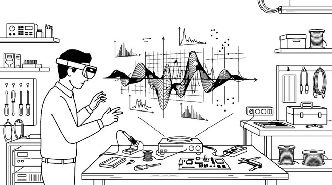 Engineer wearing virtual reality headset analyzing holographic data