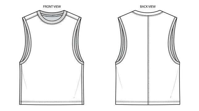 Men Muscle Tank Top Technical Flat Sketch Template Front and Back View