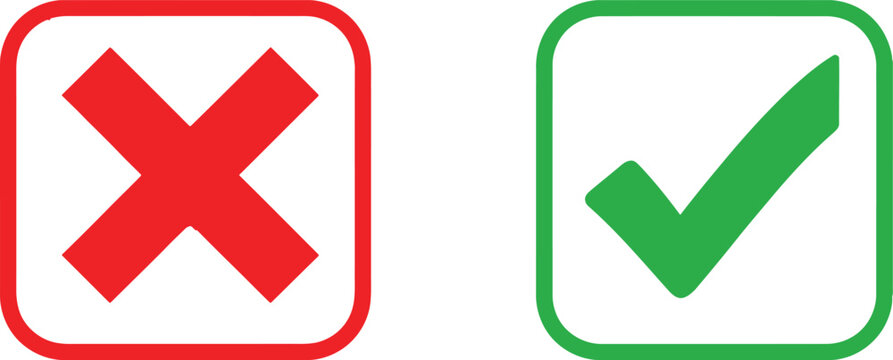 Red cross and green check mark icons in rounded square frames Vector