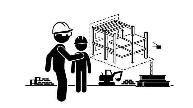 Construction workers reviewing building blueprint model