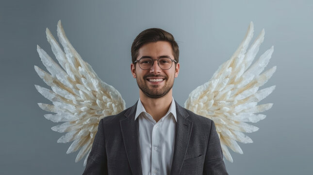 Young businessman with angel wings smiling confidently in studio portrait