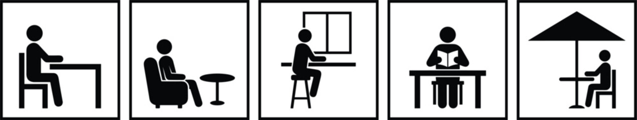 Fototapeta premium Stick figure pictogram icons set showing people sitting at tables reading working and relaxing in cafes