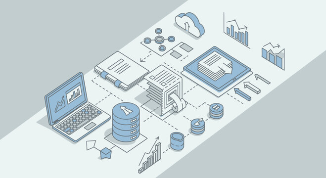Isometric data analysis illustration with cloud computing and database concepts