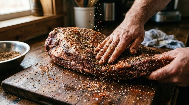 A close-up of hands applying a dry rub to a beef brisket. The rub is a coarse mix of black pepper, salt, smoked paprika, and garlic powder. The hands massage it thoroughly into the meat's surface.
