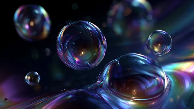Abstract wallpaper floating spheres bubble of iridescent liquid metal in zero gravity with splash metal fluids