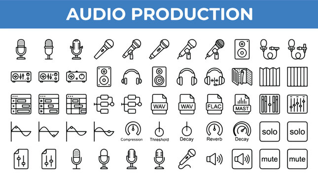Audio production 50 line icon set. Sound recording, music studio, podcasting, microphone, speaker, headphones, waveform, mixer, radio, broadcast, sound engineering. Editable stroke. Vector i