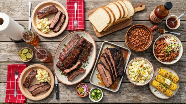 A large BBQ spread on a wooden picnic table ribs, brisket slices, pulled pork, baked beans, potato salad, corn on the cob, and a stack of white bread. A bottle of sauce sits nearby.