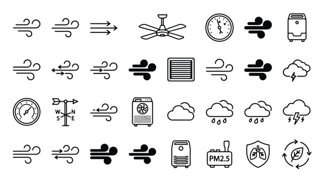 Air quality and weather 32 line icon set. Wind, breeze, fan, barometer, air purifier, ventilation, wind vane, clouds, rain, thunder, PM2.5, respiratory health, lungs, environment, ecology.