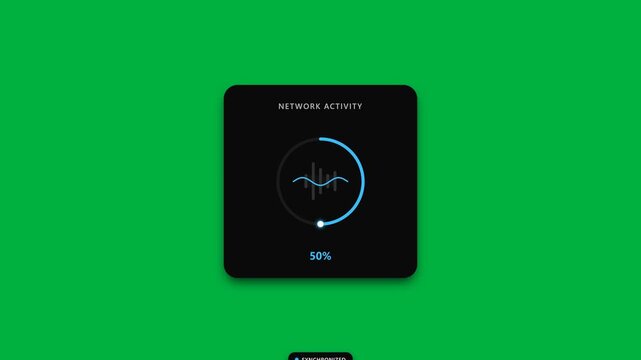 A digital statistics card displays network activity on a sleek black screen with blue graphics against a green background.