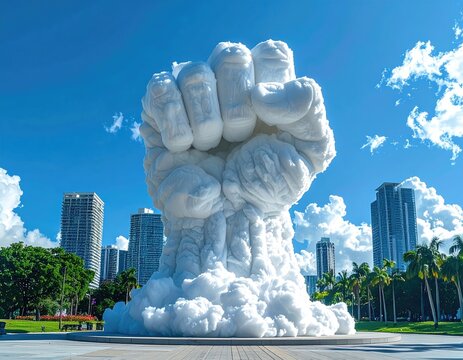 A large, white fist sculpture against a blue sky