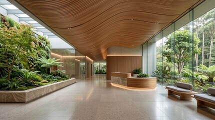 Fototapeta premium Contemporary Healthcare Reception Area with Wooden Ceiling and Garden View