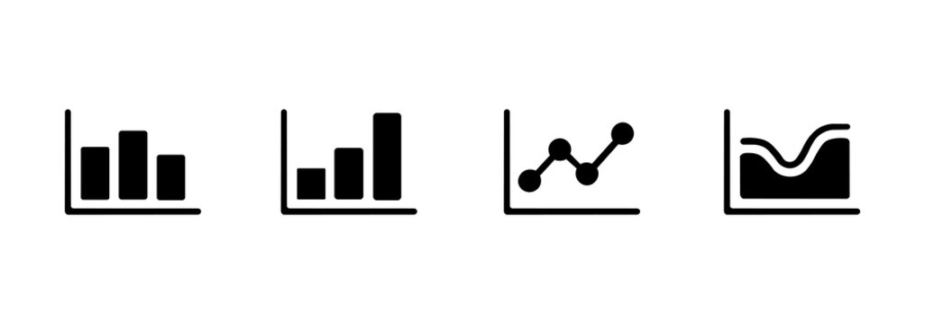 Business analytics icon pack set with charts, graphs and data visualization symbols in minimalist black silhouettes.