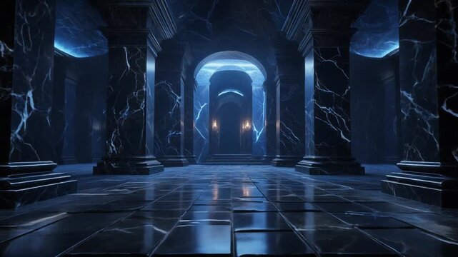 An ancient, dimly lit marble hall with columns and arched doorways, featuring atmospheric blue lighting and a reflective floor, evoking a sense of mystery and grandeur