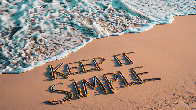 Keep it simple text written on sandy beach with ocean waves