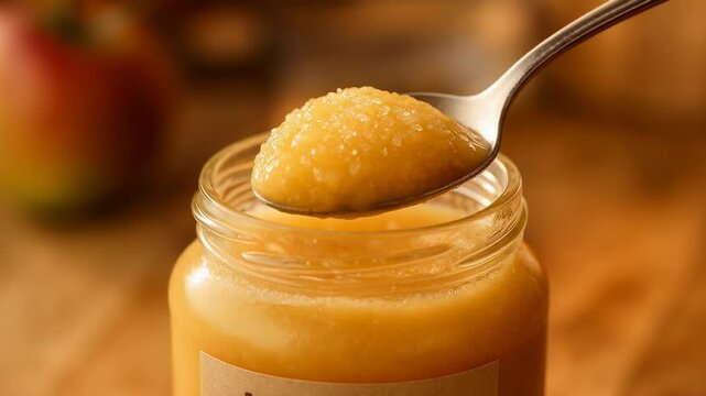 Spoonful of natural applesauce in a glass jar on a wooden table with a blurred apple in the background