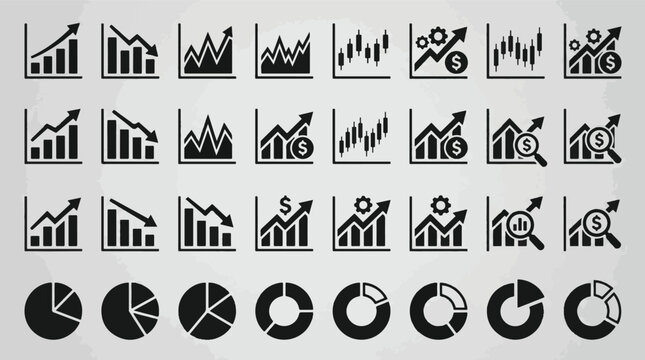 Business and finance 32 icon set. Financial market analysis, statistics, stock trading, investment, growth, profit, data visualization, bar chart, pie chart, candlestick graph