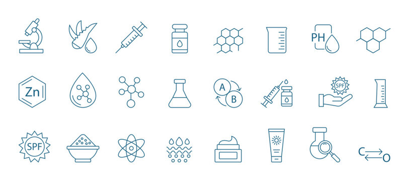 Skincare ingredient Icon set, Skincare ingredient line icon set. Skincare and beauty product line icon set. Skincare and Beauty Symbols, Editable Stroke Line Icons for Skincare & Cosmetics. Vector 