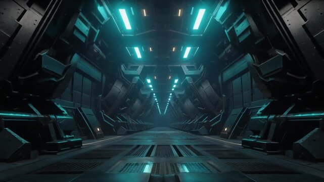 Mesmerizing digital portal in a sleek dark metallic futuristic corridor illuminated by vibrant neon blue light, symbolizing advanced technology and an intriguing pathway into the unknown future