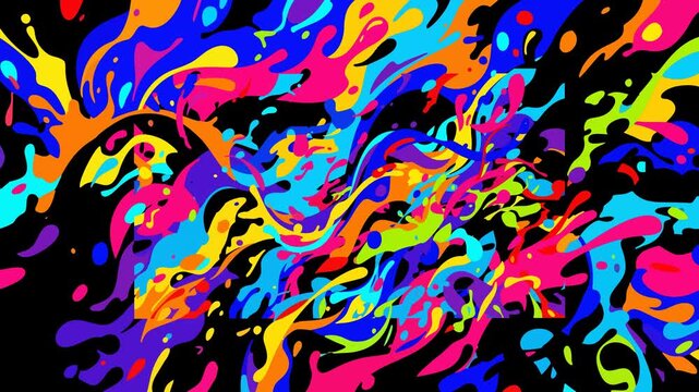 Vibrant abstract splashes of colorful ink creating a dynamic and energetic artistic fluid explosion on a black background