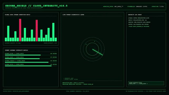 Secure Shield Cloud Integrity Monitor Screen Displaying Subnet Gateway Integrity Matrix And Live Threat Diagnostics Layer Radar Interface Terminal.
