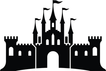 Black Castle Silhouette with Flags on White Background © Azan