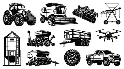 Obraz premium Modern Agricultural Machinery and Smart Farming Heavy Equipment Set