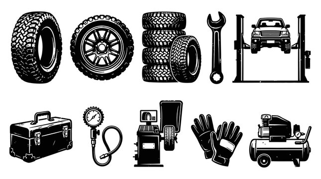 Car Service Workshop Equipment and Tire Repair Silhouette Icon Set