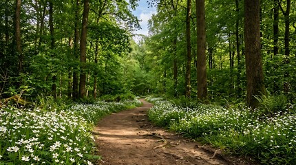 Fototapeta premium Serene forest path lined with wildflowers and tall trees on a sunny day in a lush green woodland
