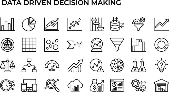 Data driven decision making line icon set for analytics statistics business intelligence and reporting dashboard interface design applications
