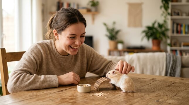 Smiling Young Woman Petting Cute Hamster at Wooden Table in Cozy Living Room