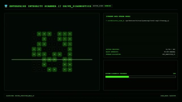 Enterprise Integrity Scanner Terminal Displaying Current Data Stream Index Grid Sectors and Realtime Drive Diagnostics System Diagnosis Progress Bar.