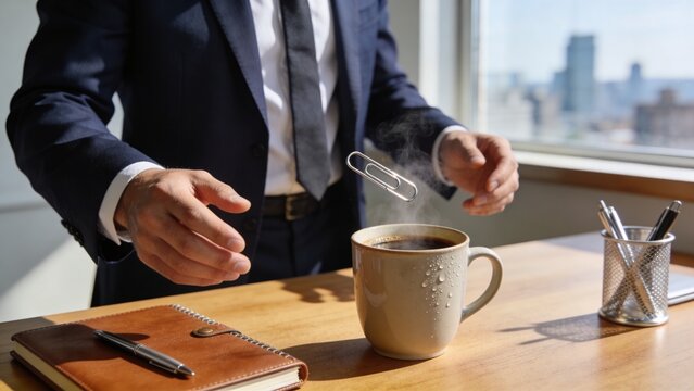 Businessman with Levitating Paperclip Over Steaming Coffee Cup in Modern Office